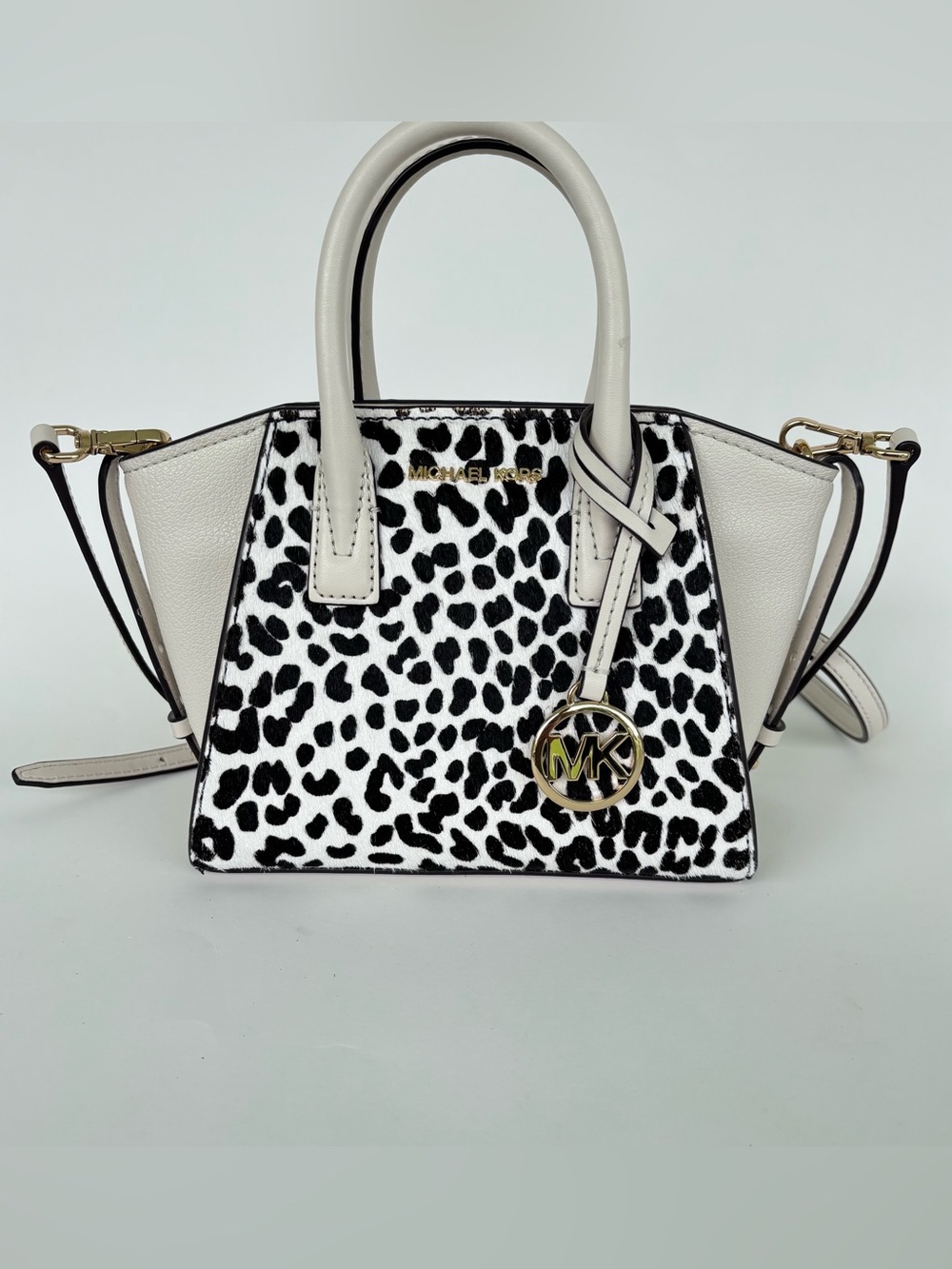 Michael Kors Marilyn Small Satchel Crossbody Leopard Calf Hair Vanilla Leather